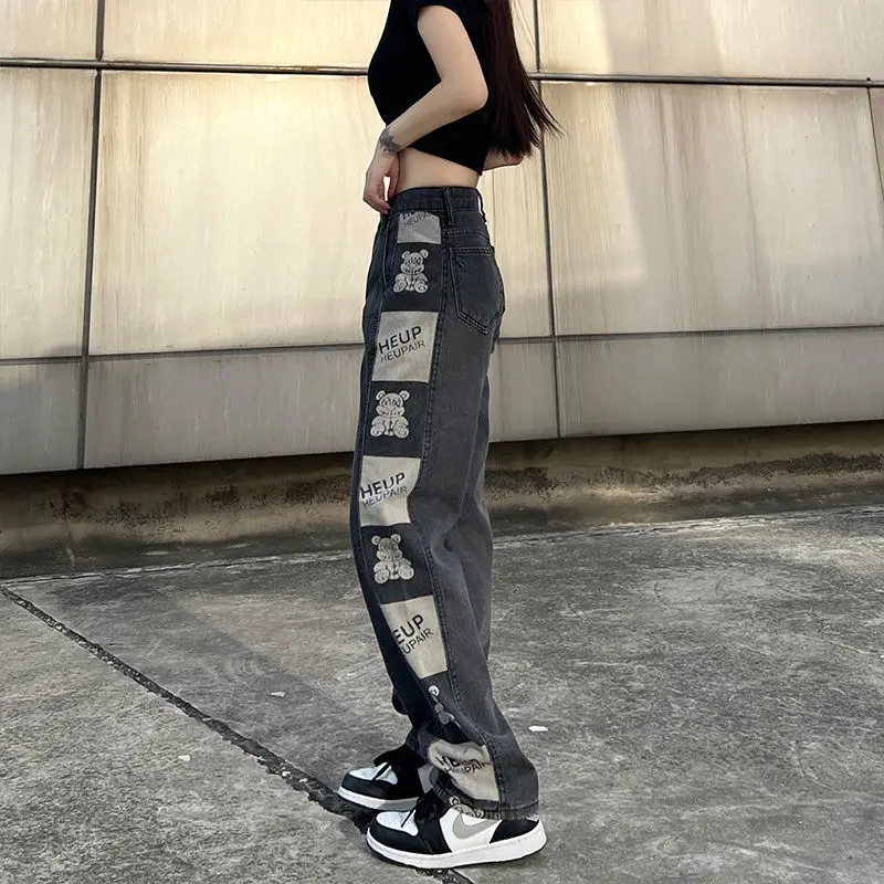 BRIDGEWATER Kõrge Vöökoht Hip-Hop Trükitud Teksad Põhjad Naiste Sirge Lai Jalg Denim Püksid Suvel 2022 Streetwear korea Fashion 1