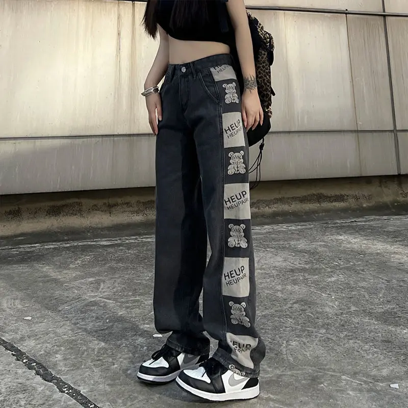 BRIDGEWATER Kõrge Vöökoht Hip-Hop Trükitud Teksad Põhjad Naiste Sirge Lai Jalg Denim Püksid Suvel 2022 Streetwear korea Fashion 4