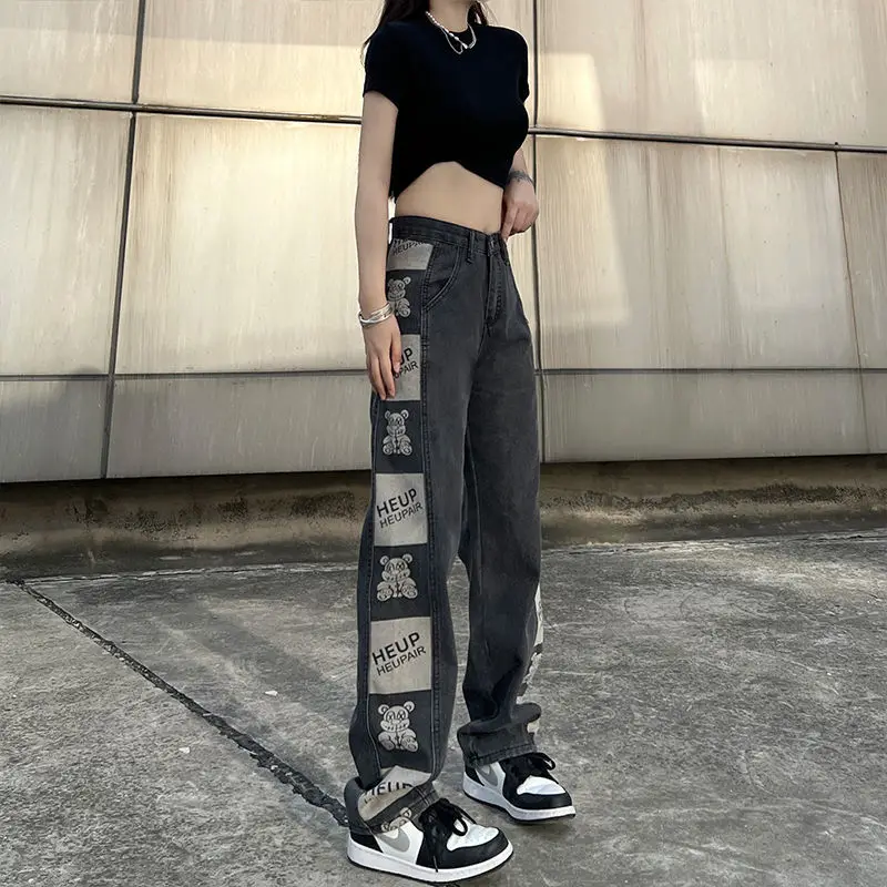 BRIDGEWATER Kõrge Vöökoht Hip-Hop Trükitud Teksad Põhjad Naiste Sirge Lai Jalg Denim Püksid Suvel 2022 Streetwear korea Fashion 5
