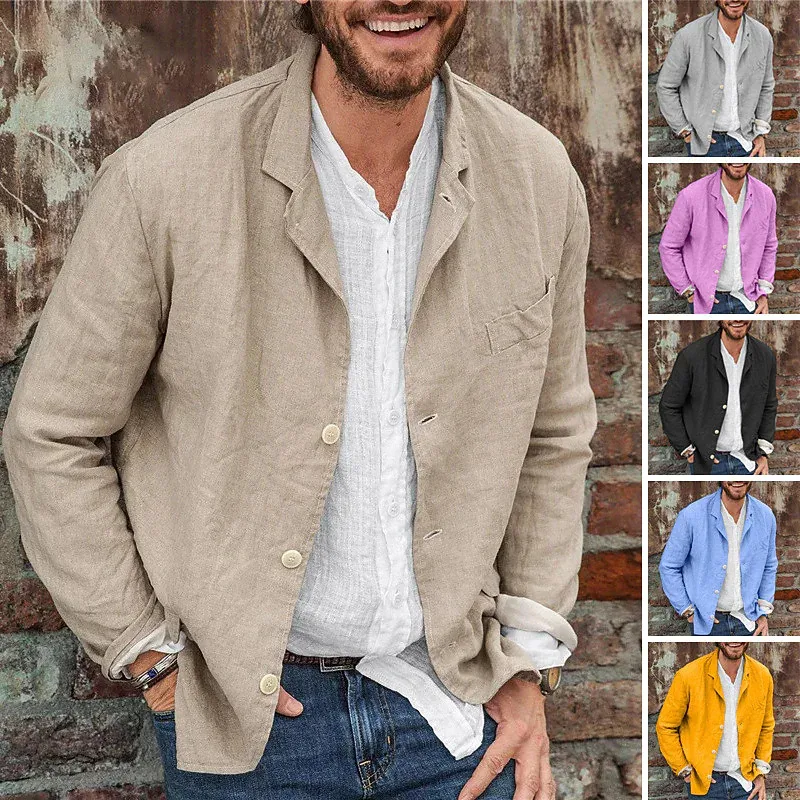 Meeste Riietus Mood Puuvillane Linane Pintsak Multi-Tasku Jope Sügis Solid Color Slim Vabaaja Äri Kvaliteetne Ülikond Mantel