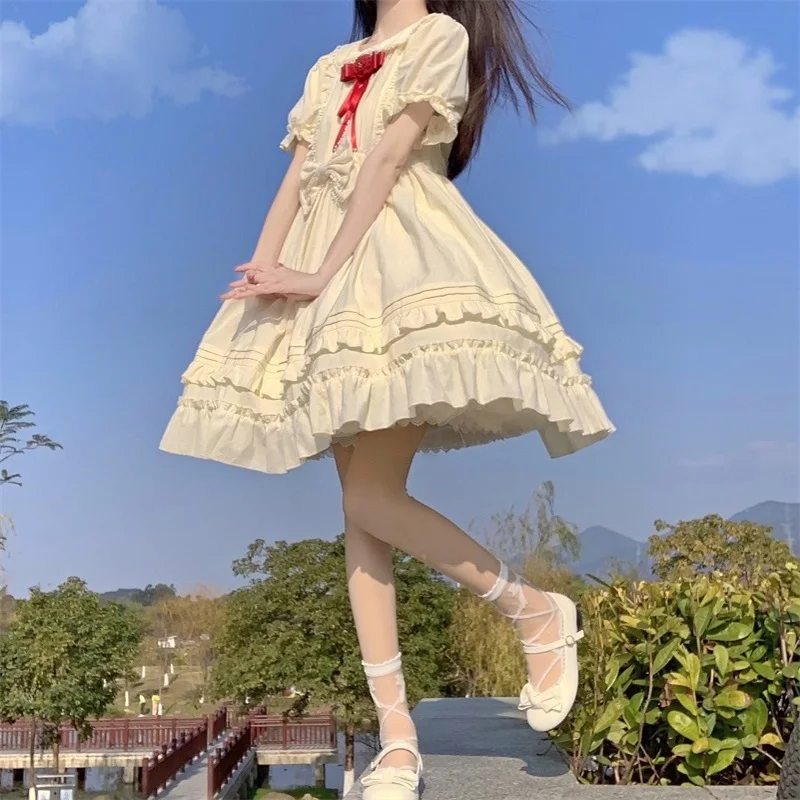 Jaapani Magus Pehme Tüdruk Stiilis Kleidid Armas Pits Peter Pan Krae Vibu Kawaii Ruffles Puhvis Varrukad Prantsuse Sweety Printsess Kleit 5