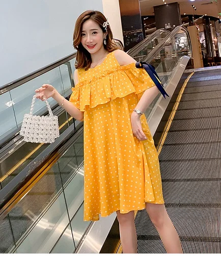 Rasedate kleit 2019 suvel uus korea versiooni rasedus kleit polka dot off-the-õla seelik, pikk seelik naine 4colos