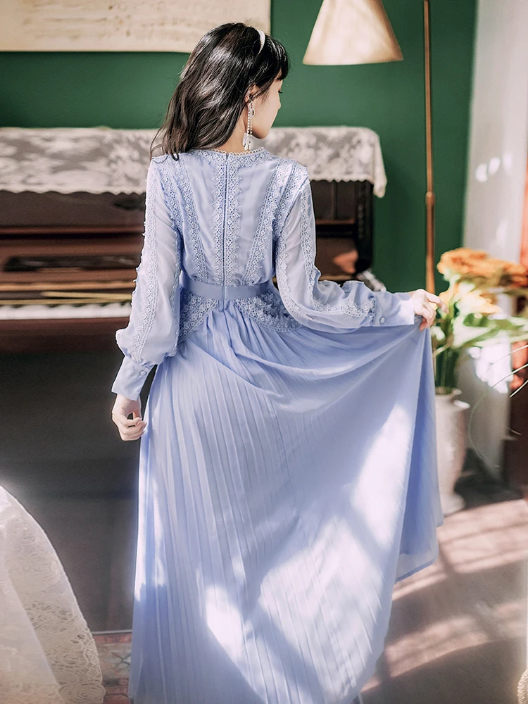 2021 Raja Sügisel V-Kaeluse Sinine plisseeritud Kleit Naiste Pits Pitsi Segast Sifonki Mereäärne Puhkus Rannas Pikk Varrukas Kleit 5