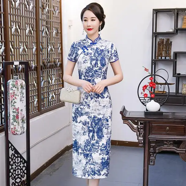 Cheongsam Hiina Traditsiooniline Kleit Naiste Qipao Sinine ja valge portselan Suvel Vintage Shangshai