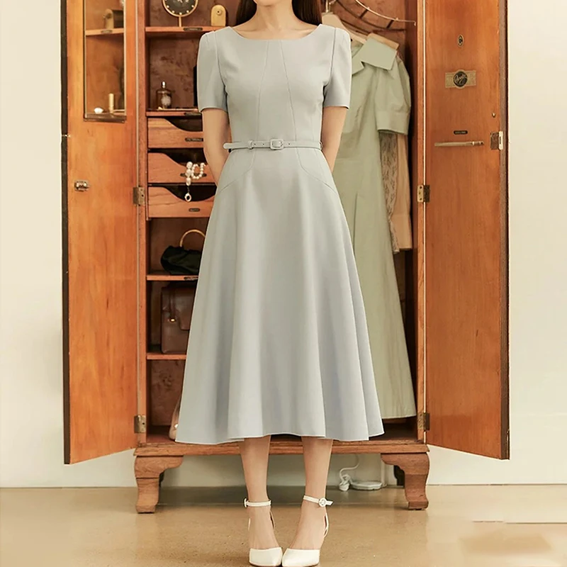 MIUXIMAO 2022 Kõrge Kvaliteedi Kevad&Suvi Elegantne Kleit Lühikeste Varrukate O-Kaeluse Tahke Vöö Mood Pikk Kleit Naiste Vestides