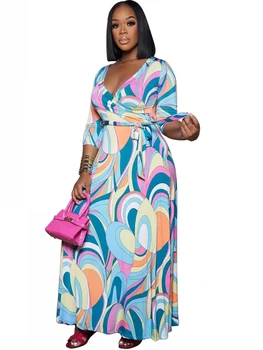 Pikk Aafrika Kleidid Naistele Lace Up Kõrge Vöökoht V Kaela Rüü 2022 Sügisel Uus Mood Prindi Streetwear Vabaaja-Aafrika Maxi Kleit