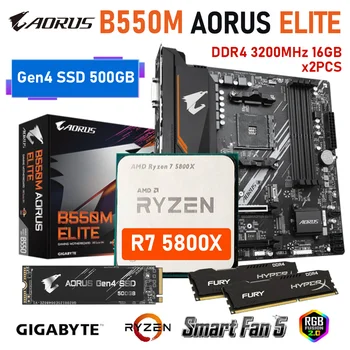 GIGABYTE B550M AORUS ELITE Emaplaadi + DDR4 3200MHz 16GBx2PCS + AMD R7 5800X + Gen4 SSD 500GB Desktop Combo M. 2 PCI-E 4.0 Uus