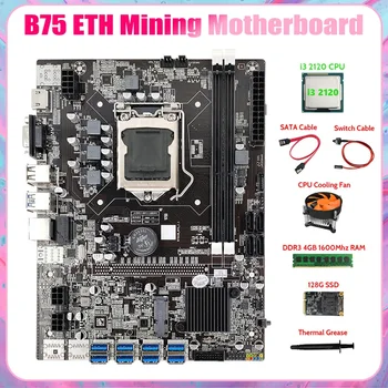B75 BTC Kaevandamine Emaplaadi 8XUSB3.0+I3 2120 CPU+4GB DDR3 RAM+128G SSD+Ventilaator+SATA Kaabel+Lüliti Kaabel+Thermal Grease