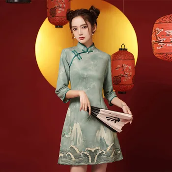 Mood Hiina Riiklik Riided Naistele Suvel Cheongsam Lühike Kleit Retro Trükitud Qipao Elegantne Daam Suvel Casual Dress-Line