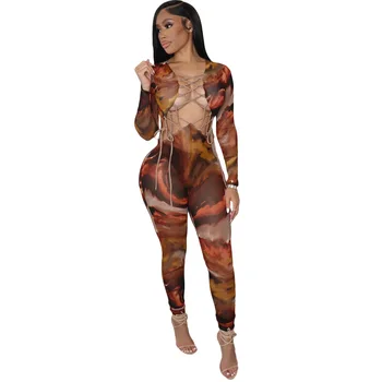 Bodycon Tie Dye Printimiseks Kombekas Naiste Sexy Sidemega Õõnes Välja Lace Up Pruun Fitness Sipukad 2021 Playsuit Streetwear Tunked