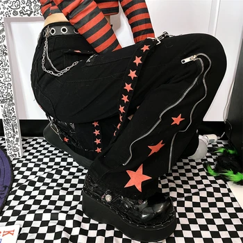 Gooti Kett Sidemega Lai Jalg Mustad Püksid Naiste Liiga Madal Tõuseb Tume Akadeemilise Püksid Streetwear Punk Stiilis 90s Kottis Pükste