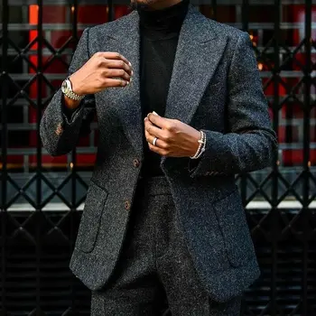 2021 Sügis-Talv Casual Meeste Ülikond Tume Hall Tweed, Slim Fit Smoking Peigmehe Pulm Mood Kohandatud Meeste Kostüüm Jakk Pant