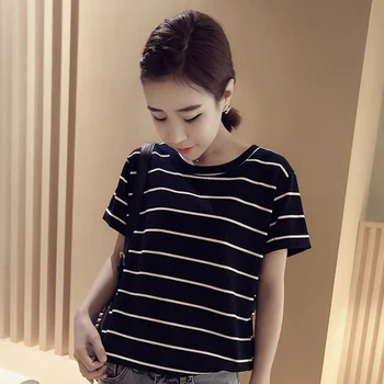 Naiste T-särk fashion lahti suured triibuline lühikeste varrukatega Must T-särk juhuslik O-kaeluse tops naine Suvel Tshirt Riided Tee