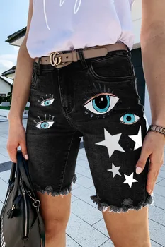 Naiste ins net red Devil silma abstraktse street fashion prindi teksariidest viie punkti püksid, põhjad kõhn teksad kuuma püksid