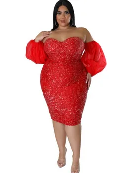 5XL Pluss Suurus Sequin Kleit Naised, Puhvis Varrukad Olkaimeton Põlve Pikkus Ropa Mujer Mood Uusi Tahke Seksikas Liiga Lühike Kleit 2023