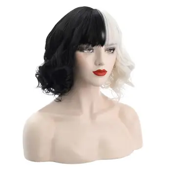 Dekoratiivsed Naiste Hairpiece Must Valge Cruella Lühike Parukas Elavat Stiile Korduvkasutatavad Pool Must Väike Lokkis Lühike Cos Parukas