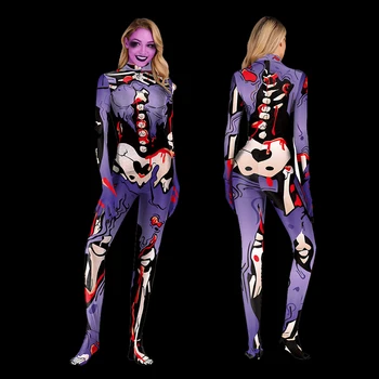 Halloween Skelett Õudus Prindi Kombekas Naiste Lilla Zentai Karneval Vaimu Kurat Sipukad Bodysuit Pool Hirmutav Cosplay Kostüümid