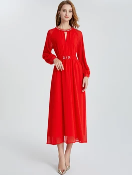 MoaaYina Moe Disainer kleit Kevadel Naiste Kleit O-kaeluse Profileerimine Pikad varrukad Kõrge vöökoht Vabaaja Punane Kleidid