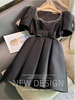 Naiste Kleit 2022 Suvel Square Krae Kõrge Vöökoht seest Õõnes Välja-line Plisseeritud Kleidid prantsuse Vintage Elegantne Õhtu Pool Vestidos