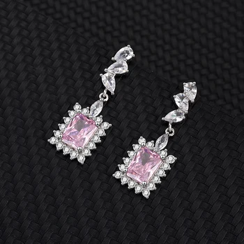 S925 Sterling Silver Pink Ruby Kolme osaline Komplekt Square Tsirkooniumoksiid Ring Ripats Kaelakee, Kõrvarõngad Fine Jewellery jaoks Ema 2