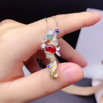 Trahvi ehteid 925 puhta hõbedaga inkrusteeritud looduslik rubiin tüdruk trendikas luksus Seahorse Hiina stiilis pärl ripats kaelakee toetada detectio 2