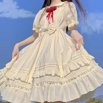 Jaapani Magus Pehme Tüdruk Stiilis Kleidid Armas Pits Peter Pan Krae Vibu Kawaii Ruffles Puhvis Varrukad Prantsuse Sweety Printsess Kleit 3