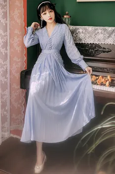 2021 Raja Sügisel V-Kaeluse Sinine plisseeritud Kleit Naiste Pits Pitsi Segast Sifonki Mereäärne Puhkus Rannas Pikk Varrukas Kleit 4