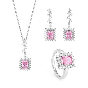 S925 Sterling Silver Pink Ruby Kolme osaline Komplekt Square Tsirkooniumoksiid Ring Ripats Kaelakee, Kõrvarõngad Fine Jewellery jaoks Ema 5