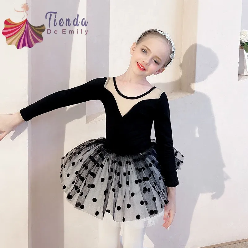 Mustad Täpid Tüdrukud Koolitus Seelik Laste Tantsu Riided Grading Split Ballett Kleit Lapsed Leotard Võimlemise Pikad Varrukad Pehme