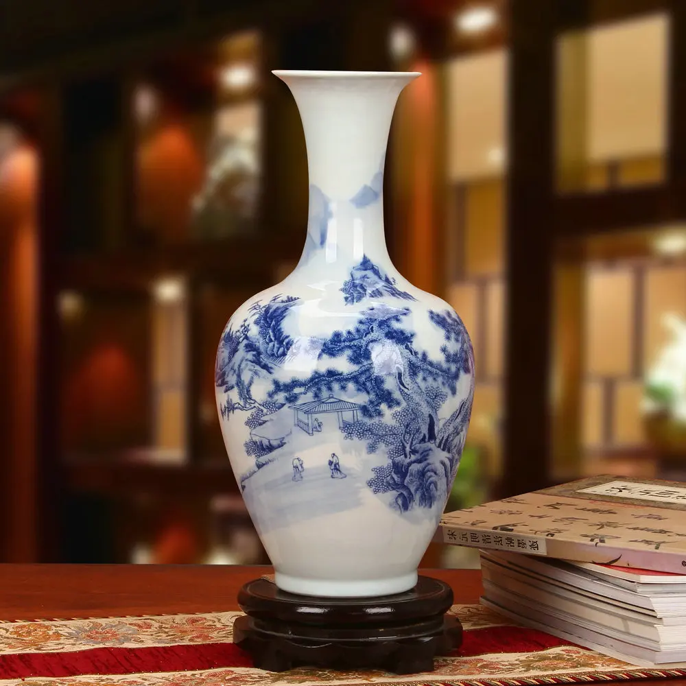 keraamilised Jingdezhen sinine ja valge maastiku ilu nippi vaas lille kaunistus disain Kodu Sisustamiseks elutuba