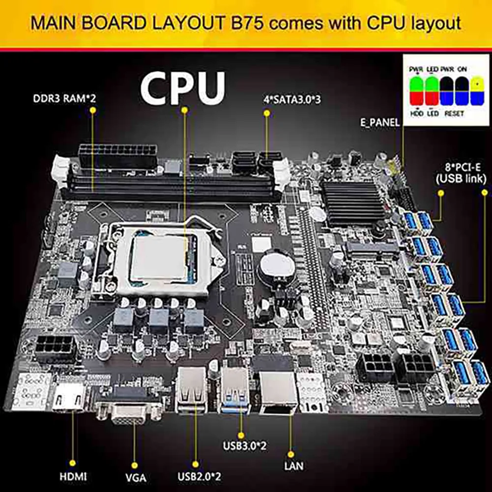 12 GPU B75 ETH/BTC Kaevandamine Emaplaadi+CPU+Ventilaator+toitekaabel+SATA Kaabel+Lüliti Kaabli 12 USB3.0(PCIE) LGA1155 DDR3 SATA3.0 5