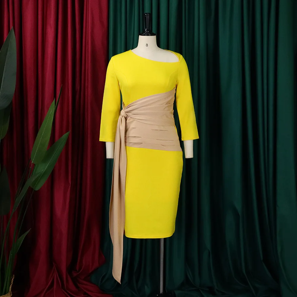 2022 Sügisel Uues Stiilis Elegantne Kontrasti, Värvi Põlve Pikkus Office Ametlik Pencil Dress Naiste Pikad Varrukad Daamid Aafrika Kleidid 4