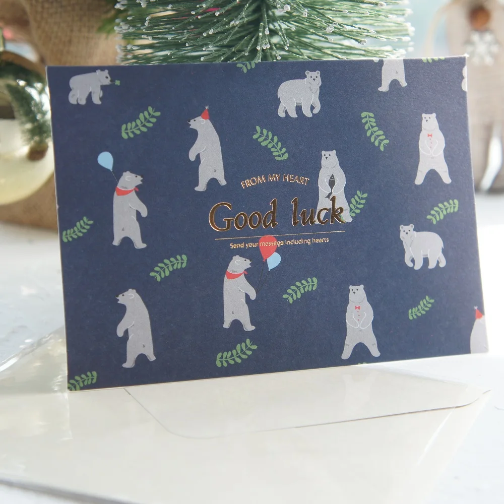 12 komplekti kuld teema sinine jääkaru õnne Kaardi jäta sõnum kaardid õnnitluskaart jõulupidu Kutse koos ümbrik