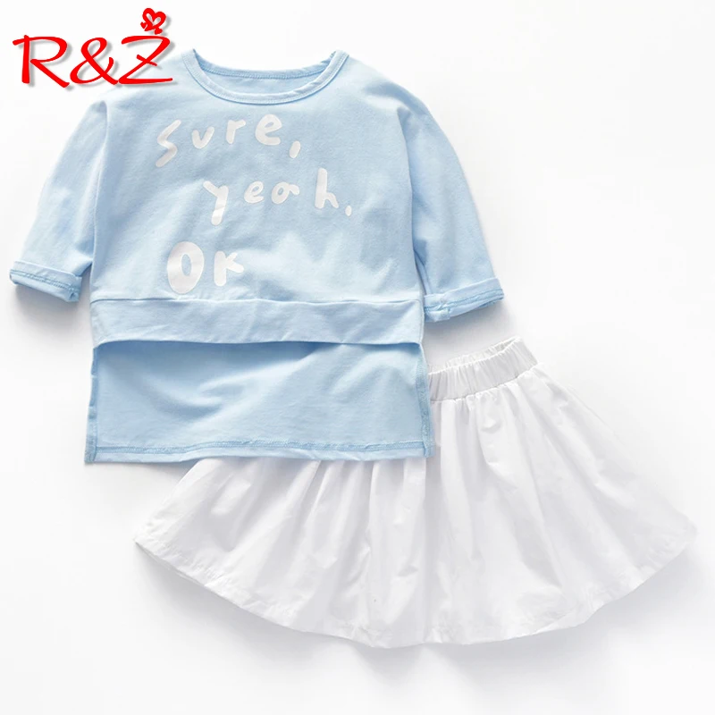 R&Z beebi ja laste riided 2019 aasta sügisel uus INS tüdrukud puuvillane ülikond ümber kaela pikkade varrukatega kirjaga T-särk mini seelik kaks-tükk