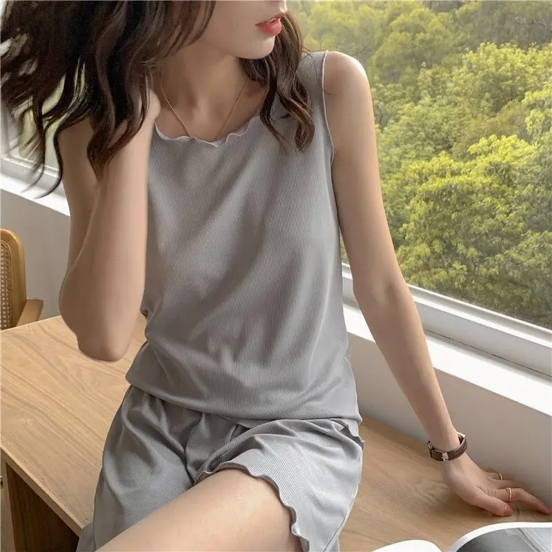 Pajama Komplekti Naiste Solid Color Lihtne Sleepwear korea Stiilis Varrukateta Kaks-töö Vaba aja veetmise Sweet Home ümber Kaela Suvel Nightwear