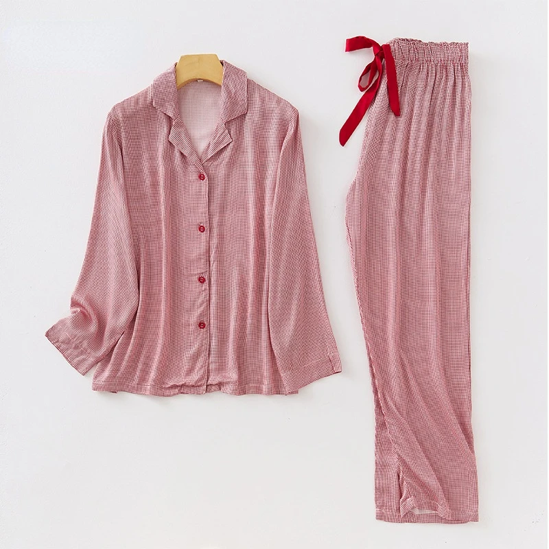 2022 Uus Mood Pidžaama Naiste Satiin Punane Pikk Varrukas Sleepwear Viskoos Ruuduline Kahe-Osaline Komplekt Kevadel Kodus Siserõivad Püksid Sobivad