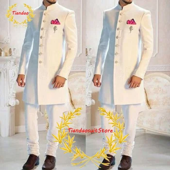 Uus Meeste Ülikond 2 Tükk Valge India Stiilis Ametlik Jope Komplekt Pulmad Peigmehe Smoking Pikk Pintsak Püksid kostüüm homme