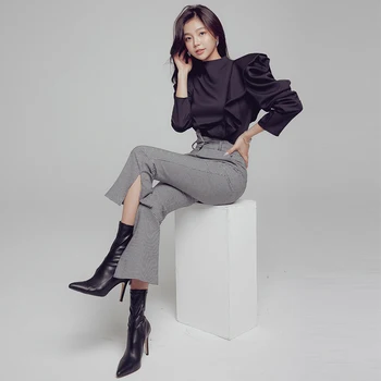 JSXDHK Fashion korea Raja Sügisel Seisma Krae Ruffles Tops 2-osaline Komplekt, Naised + Office OL Ruuduline Split Bell-Põhjad Püksid, Ülikonnad