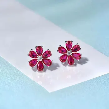 Imitatsioon ruby kõrvarõngad 925 Sterling hõbe veri punane lill-kujuline lumehelves simulatsiooni teemant kõrvarõngad