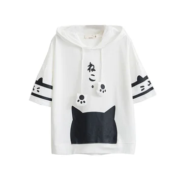 T-Särk Naiste Jaapani Harajuku Stiilis Kawaii Kass Tshirt Valge Kapuutsiga Lühike Varrukas Puuvill Tüdrukud Tumblr Sõbrad Tshirts