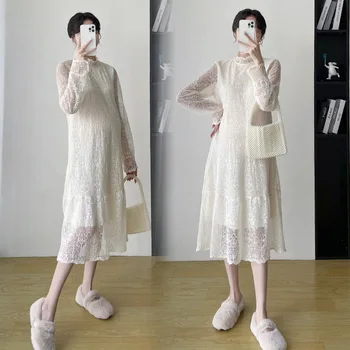 Korea Elegantne Kleidid Rasedus Sügis Riided Rasedatele 2022 Uus Kõrge Kaelusega Pits Tahke Slim Raseduse Vestidos