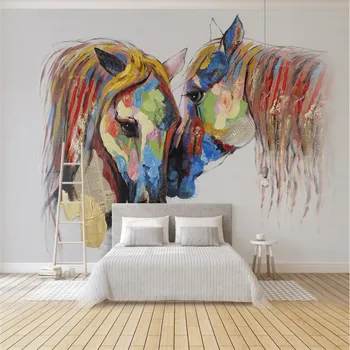 Euroopa Käsi-värvitud Värvi Paar Hobune õlimaal Foto Tapeedid jaoks elutuba, Magamistuba Ruum 3D, Seina-Paber Home Decor