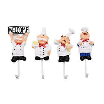 Pakendis 4 Vaik Prantsuse Chef Figuriin Seina Konksude Dekoratiivsed Kokk Wall Mount Rack Konks Riidepuu(Assortii Stiil)